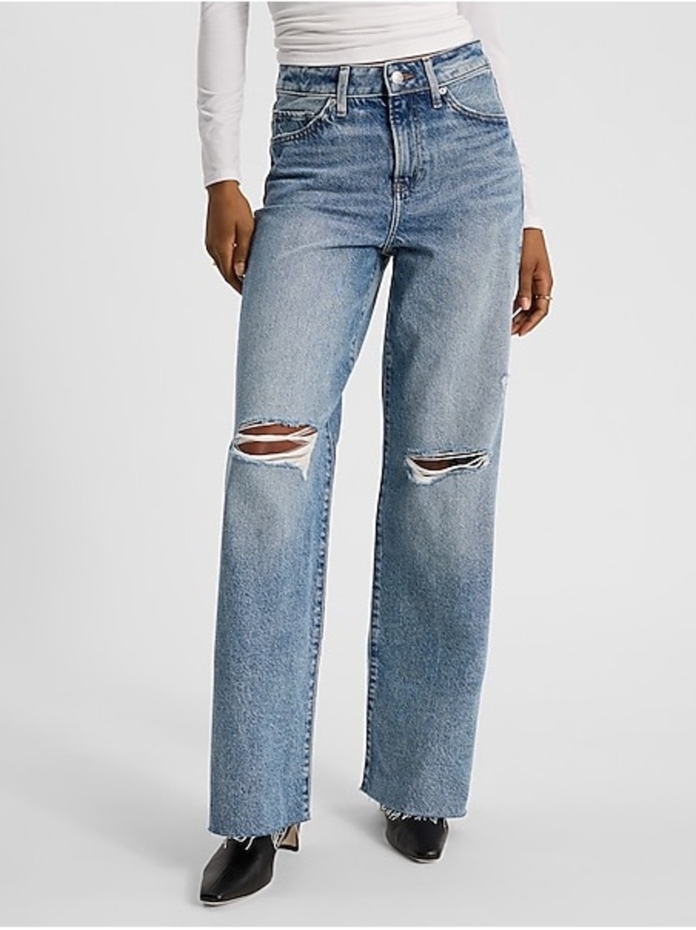 EXPRESS Classic High-Rise Light Blue Distressed Wide Leg Jeans 50/50 rigid 2S